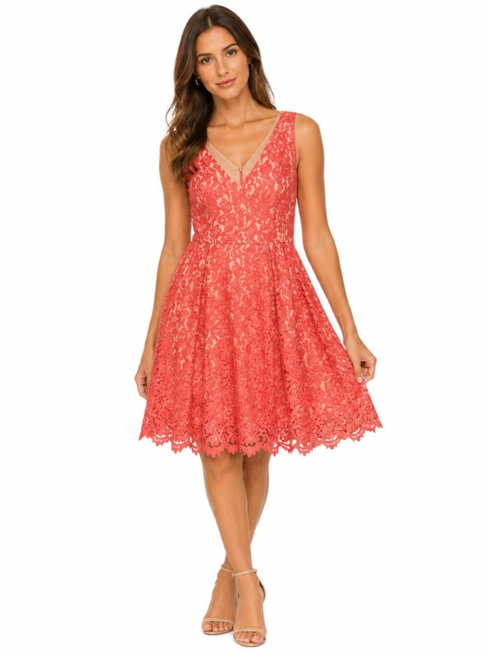 Eliza J Coral Floral Lace A-Line Midi Dress V-Neck Sleeveless Elegant